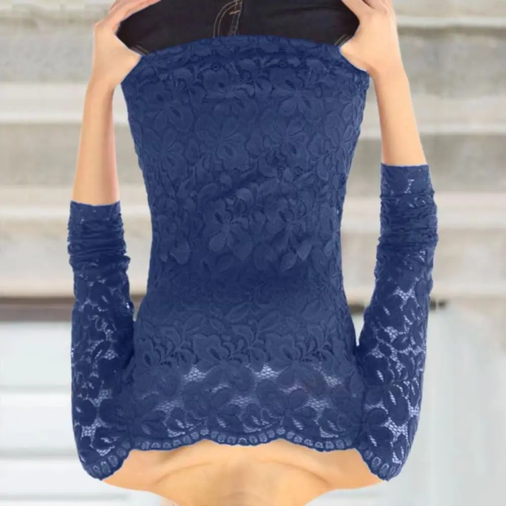 

Women Tops Skew Collar Long Sleeve Lace Shirt Hollow Lace Splicing Solid Color Slim Fit Embroidery Lace Flower Tops Women Shirt