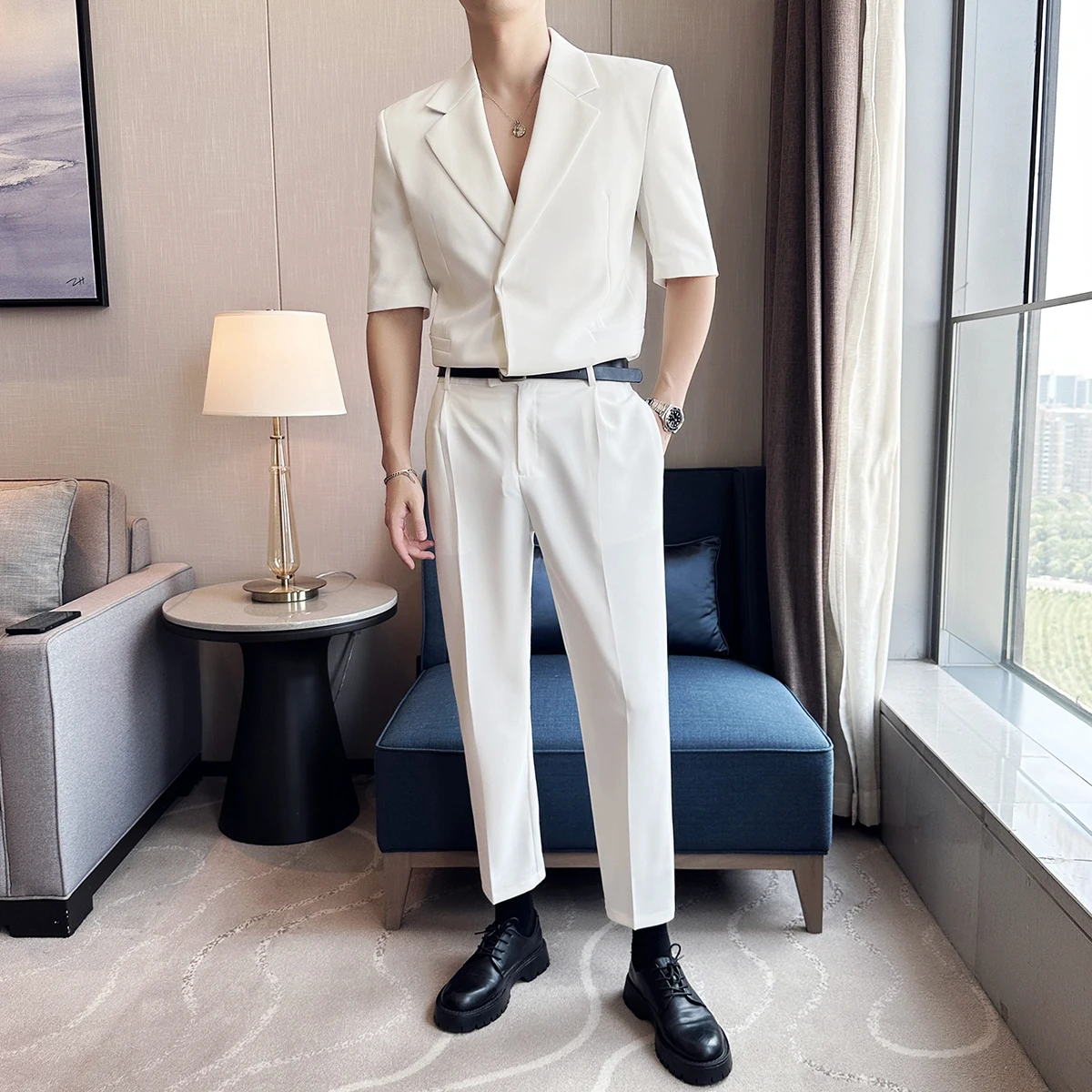 2023 Summer Fashion Half Sleeve Suit Men Side Buckle Design Casual Simple Solid Color Loose Suits Homme (Jacket + Pants+Belt)