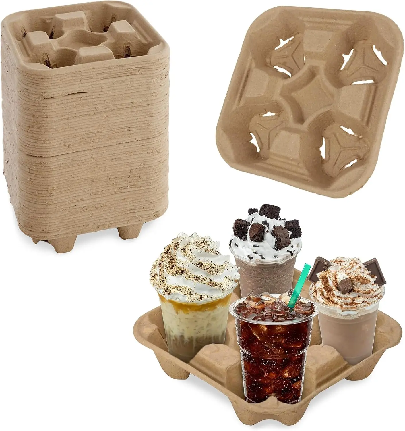 

40Pcs Biodegradable Cup Carrier Tray, 4 Cup Holder for Hot/Cold Drinks, Durable & Spill-Proof for Coffee Shops