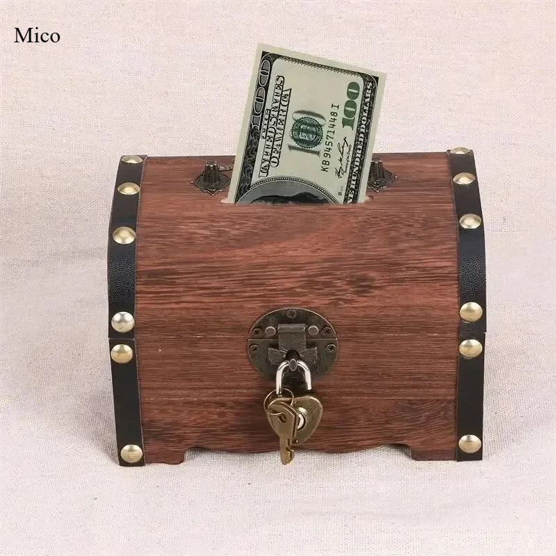 

Vintage Treasure Storage Box with Lock, Retro Wooden Organizer Chest, Piggy Bank Saving Case for Home Desktop Decoration