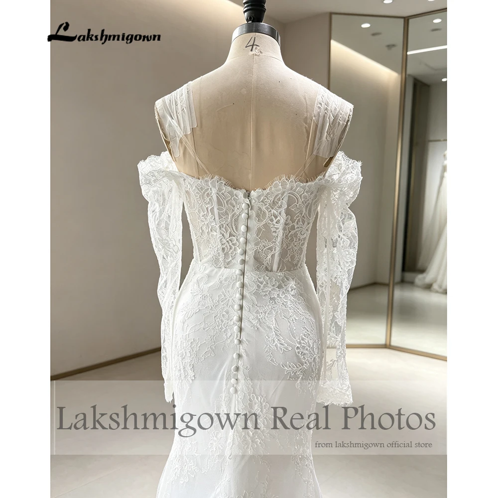 Lakshmigown Schulterfreies Meerjungfrauen-Brautkleid mit langen Ärmeln, luxuriöses Spitzen-Brautkleid, echte Fotos, individuell anpassbar. – Detail 9