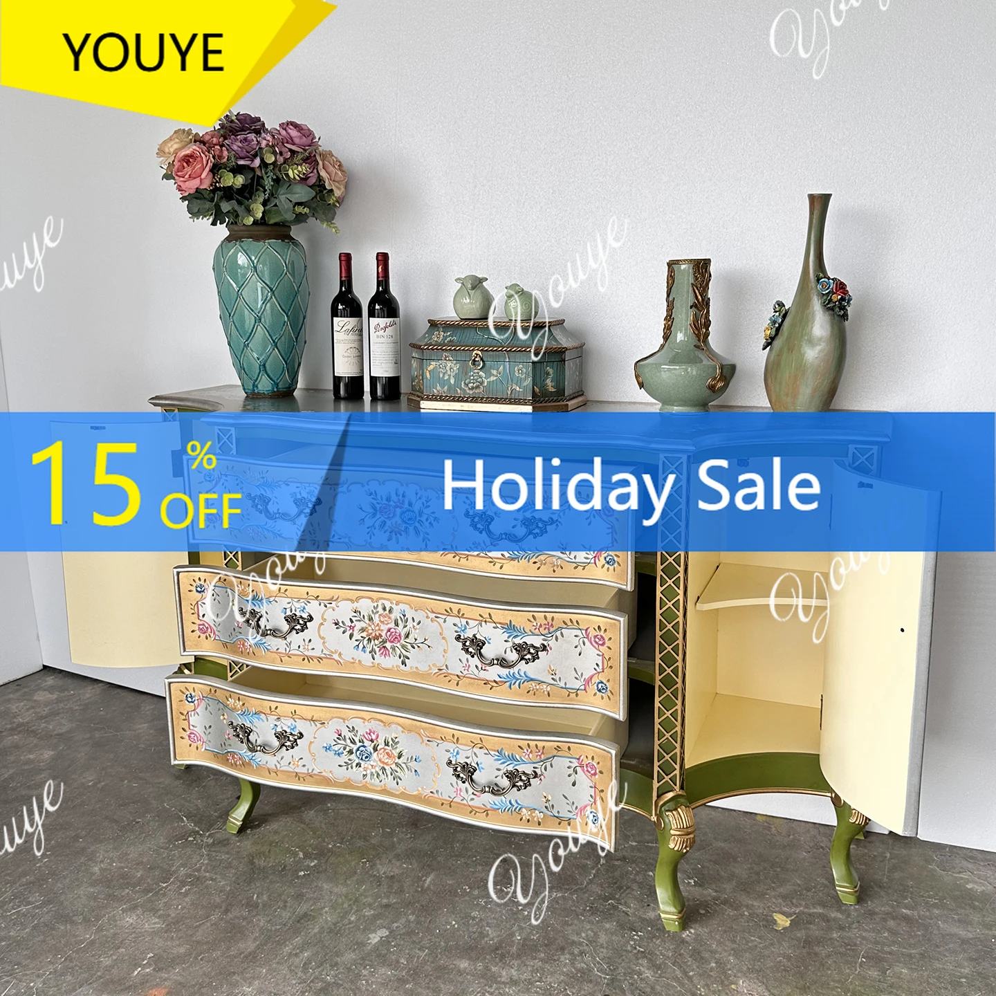 J French Porch Cabinet, Living Room Against The Wall, Foyer Cabinet, American Corridor Cabinet, Retro Hand-painted, Dinnerside S