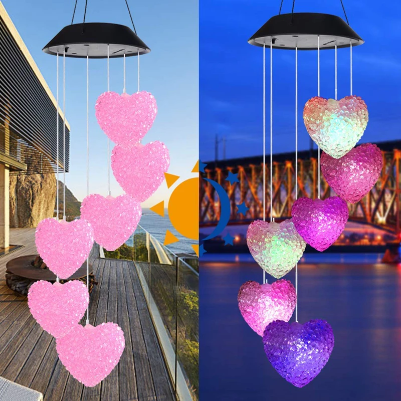 Campana a vento solare a forma di cuore che cambia colore luce a sospensione a luce solare campana a vento per lampada solare da giardino per feste all'aperto