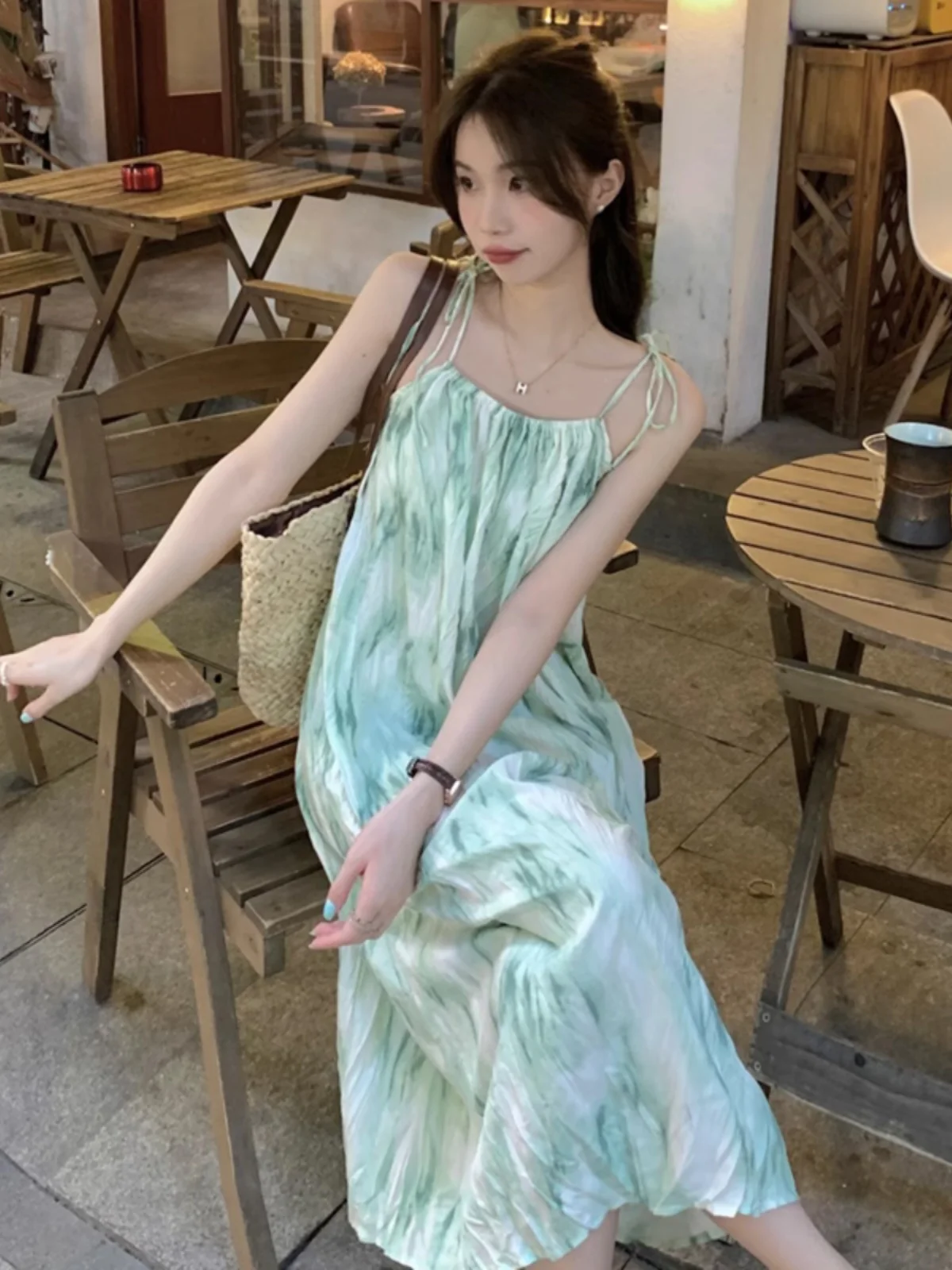 Chic Summer 2023 Women\'s Off-Shoulder Midi Dress Tea Break Vacation Loose Waist Print Korean Style V-Neck A-Line Gown