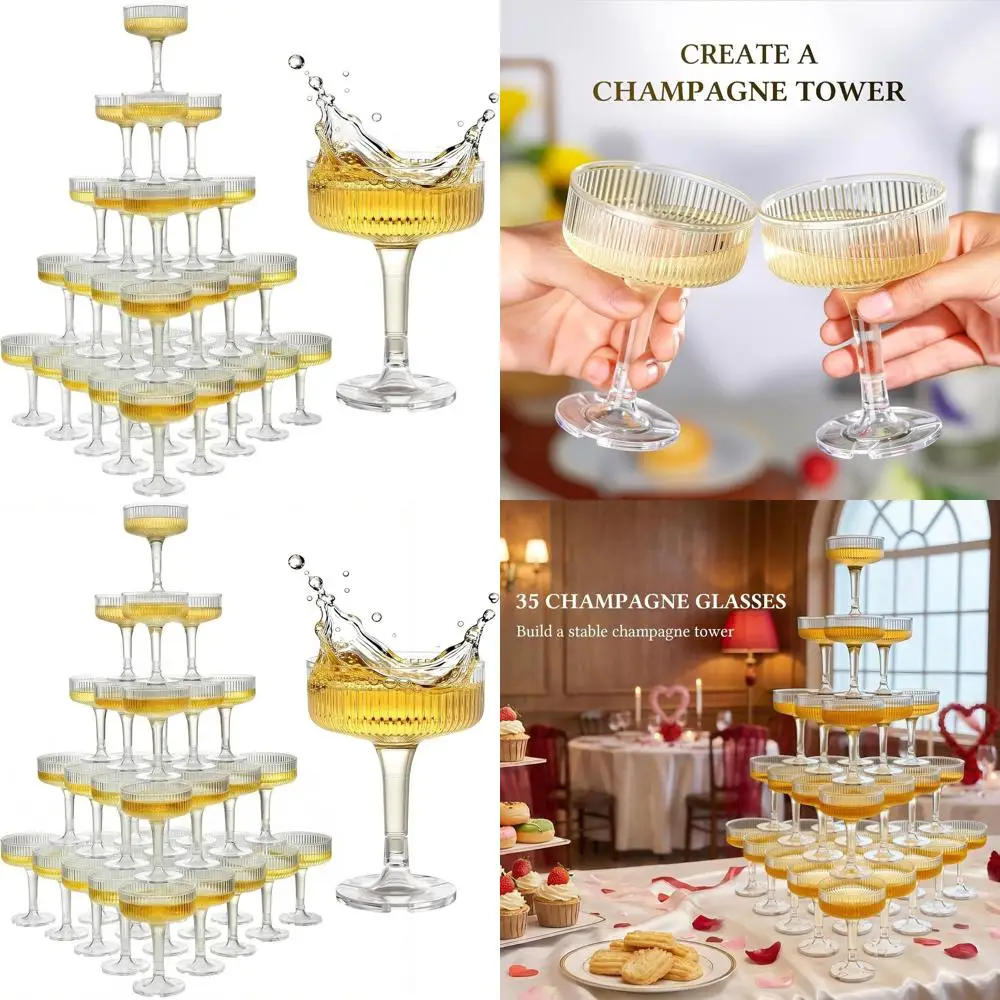 

5-Tier Clear Plastic Champagne Flutes Set, 35 Pieces, Ideal for Weddings, Parties, and Birthdays