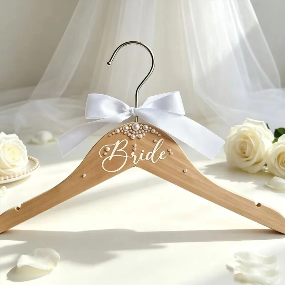 Wooden Bride Hanger Faux Pearl Ribbon Decorated Wedding Dress Hanger Non-Slip Butterfly Knot Decorative Clothes Hanger