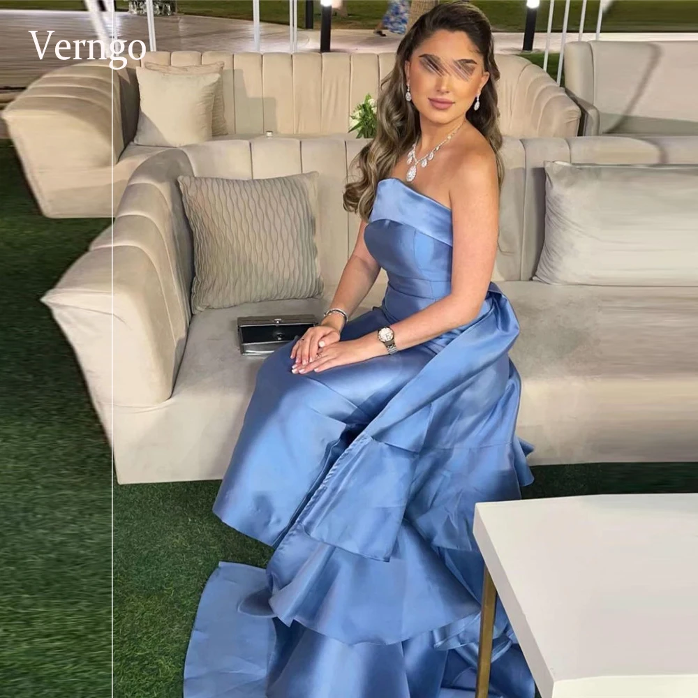 

Verngo Strapless Mermaid Satin Dusty Blue Evening Dresses Long Saudi Arabic Women Formal Party Prom Gowns Occasion Event Night