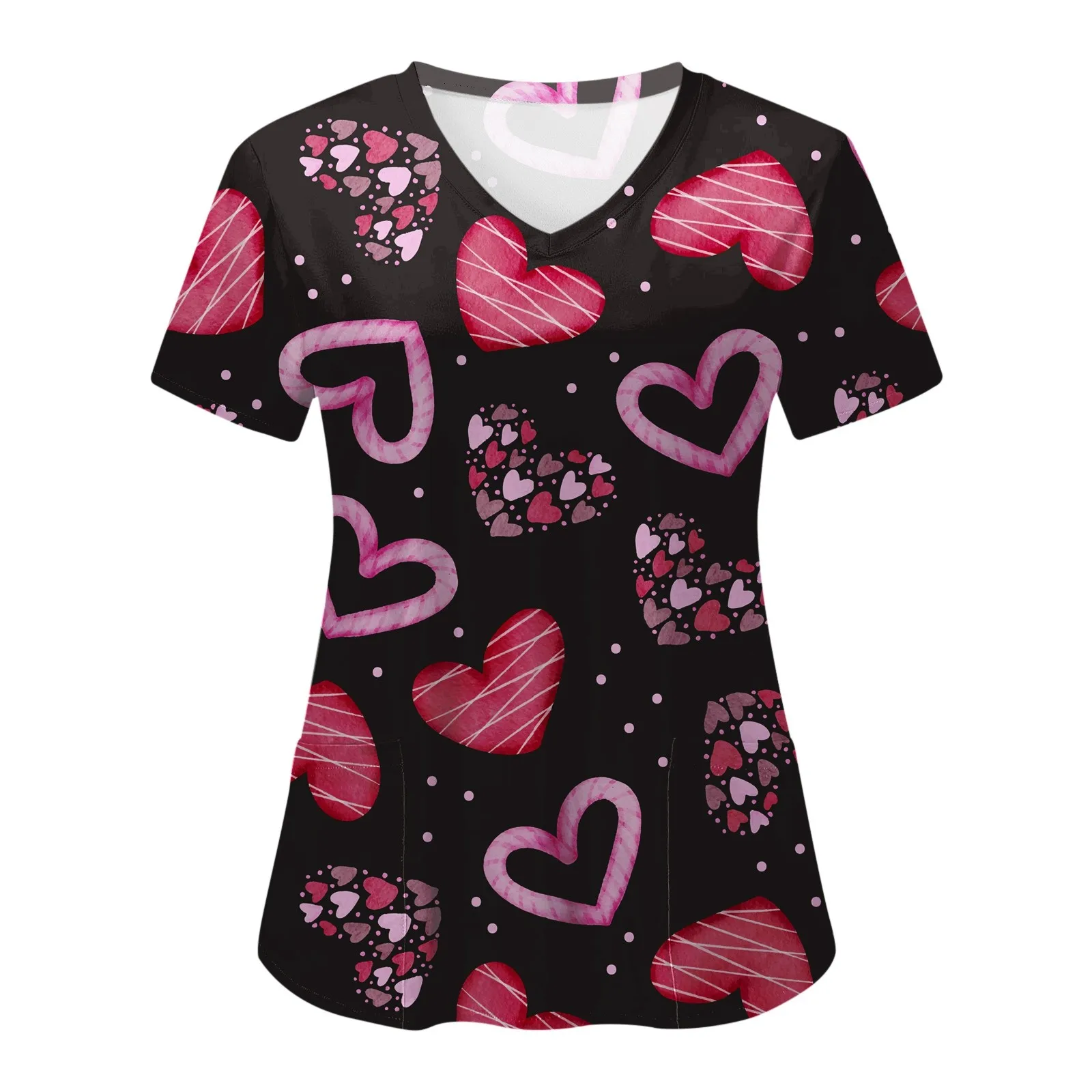 Valentines Day Nurse Uniform Women Short Sleeve Heart Print Nurse Working Tops Workwear Ladies Medical Nursing Uniforms Overalls