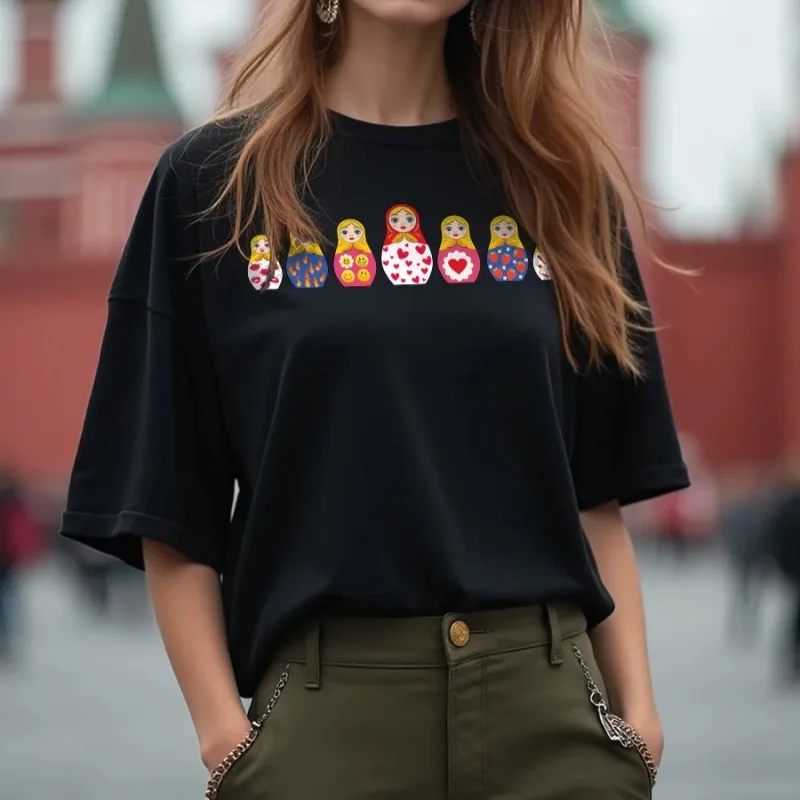 

Russian Style Cute Cartoon Girls Printed T Shirts Black 100% Pure Cotton Loose Casual Summer Short Sleeve Tops Streetwear Niche