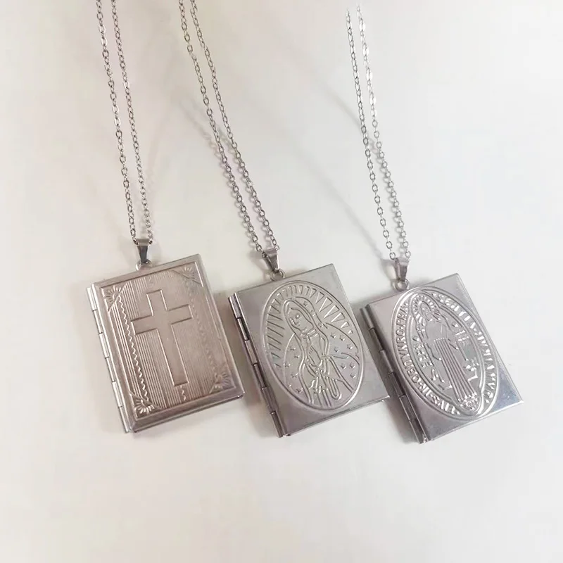 1pc 38mm Square Book Photo Frame Stainless Steel Charms Floating Jesus Virgin Mary Locket Necklaces Women Men  Memorial Jewelry