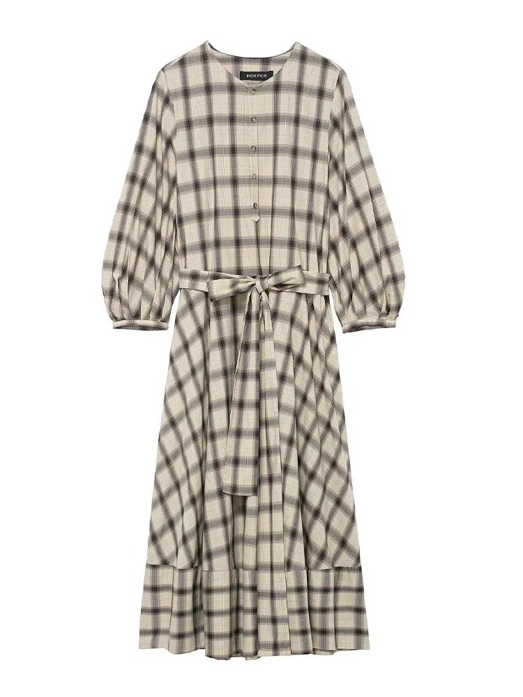 Hh feminino botão xadrez camisa estilo moda manga longa tripulação pescoço vestido feminino elegante cinto bolso decoração vestido casual mujer