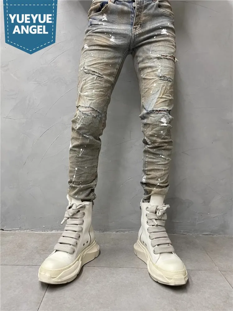 Vintage High Street Trousers Mens Holes Ripped Slim Fit Jeans Casual Personality Fashion Design Denim Pants Male Pencil Pants