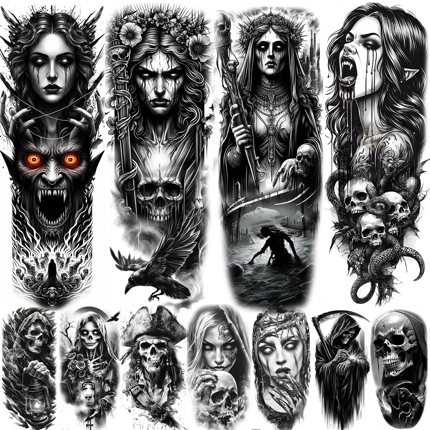 1 Sheet Scary Evil Witch Skull Temporary Tattoos Waterproof Halloween Tattoo Sleeve Realistic Demon Vampire Fake Tattoos Sticker