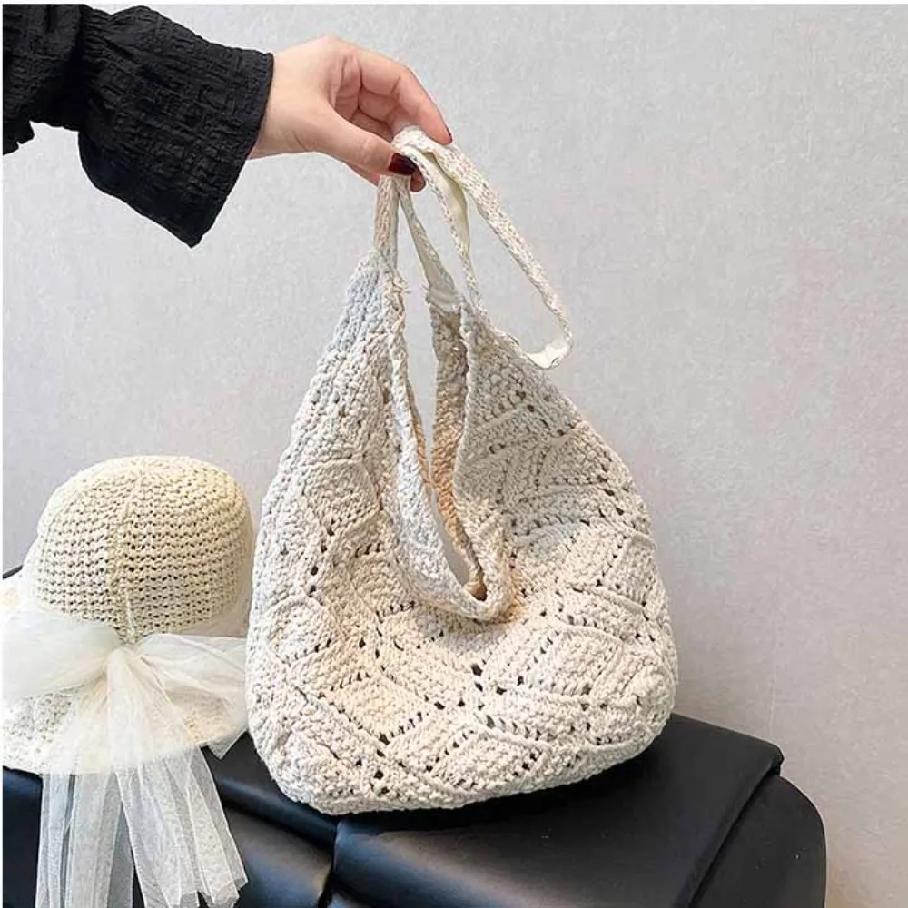 

Cute Hollow Out Flower Knitting Bag Tote Bag Beach Handbag Beach Bag Large Capacity Bohemian Style Hollow Shoulder Bag Travel