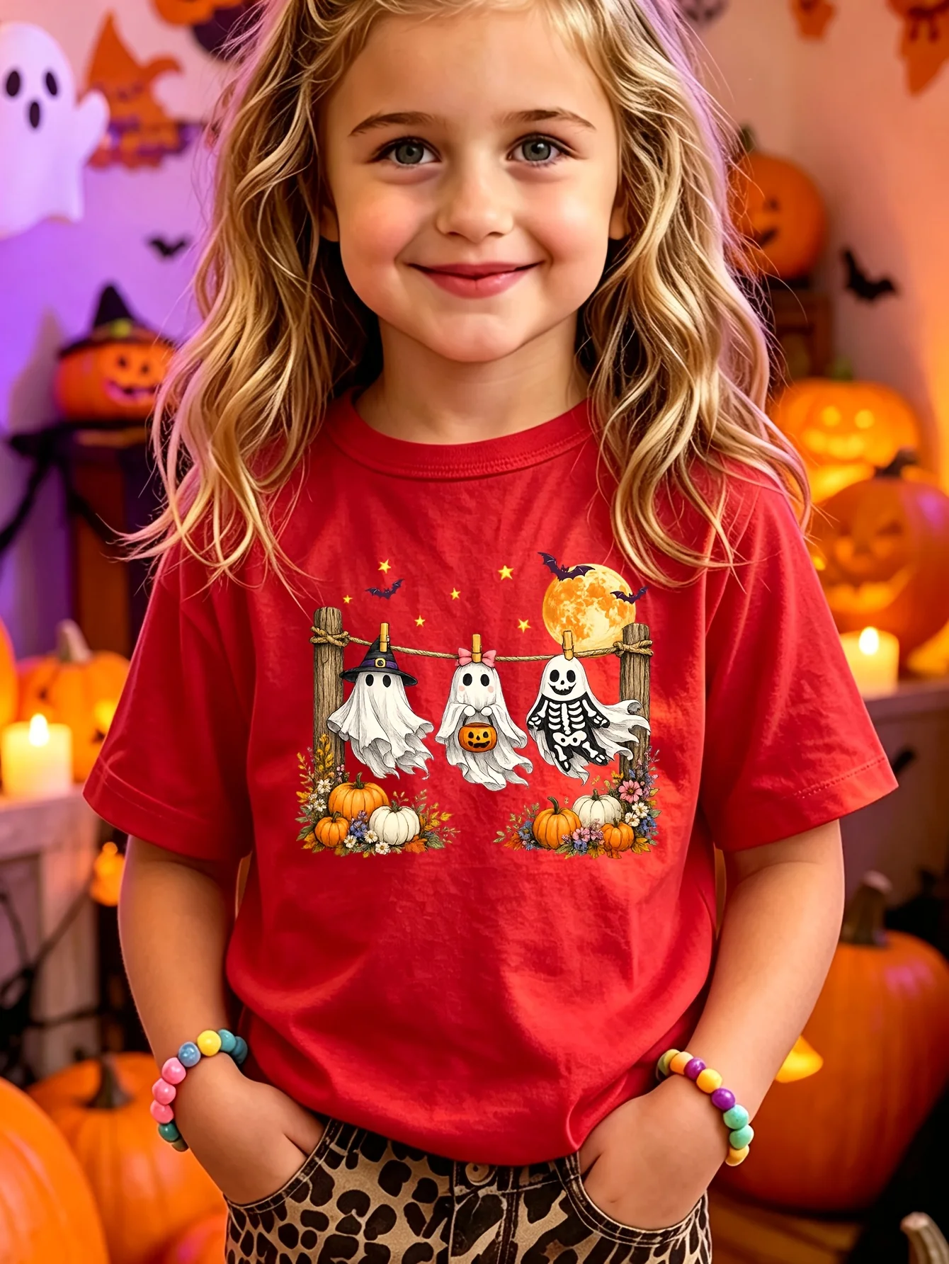 Kids Boys Girls Family Matching T Shirt Cute Hanging Ghosts Pumpkin Halloween Graphic Print Short Sleeve Crew Neck Soft Tee
