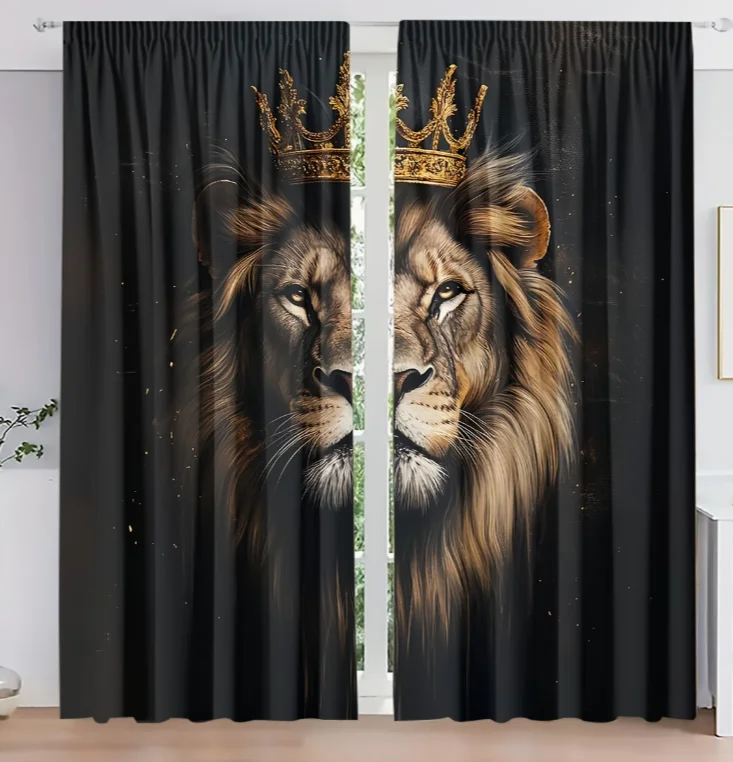 2pcs Black Crown Lion Curtains Crowned Lion King Window Drapes Cool Animal Art Decor for Living Room Bedroom