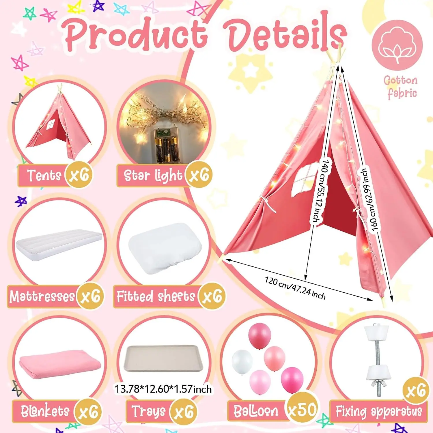 Windyun 6 Pack Kids Teepee Tent for Slumber Party Sleepover Tents for Girls Party with Air Mattress, Star Lights, Blankets Trays