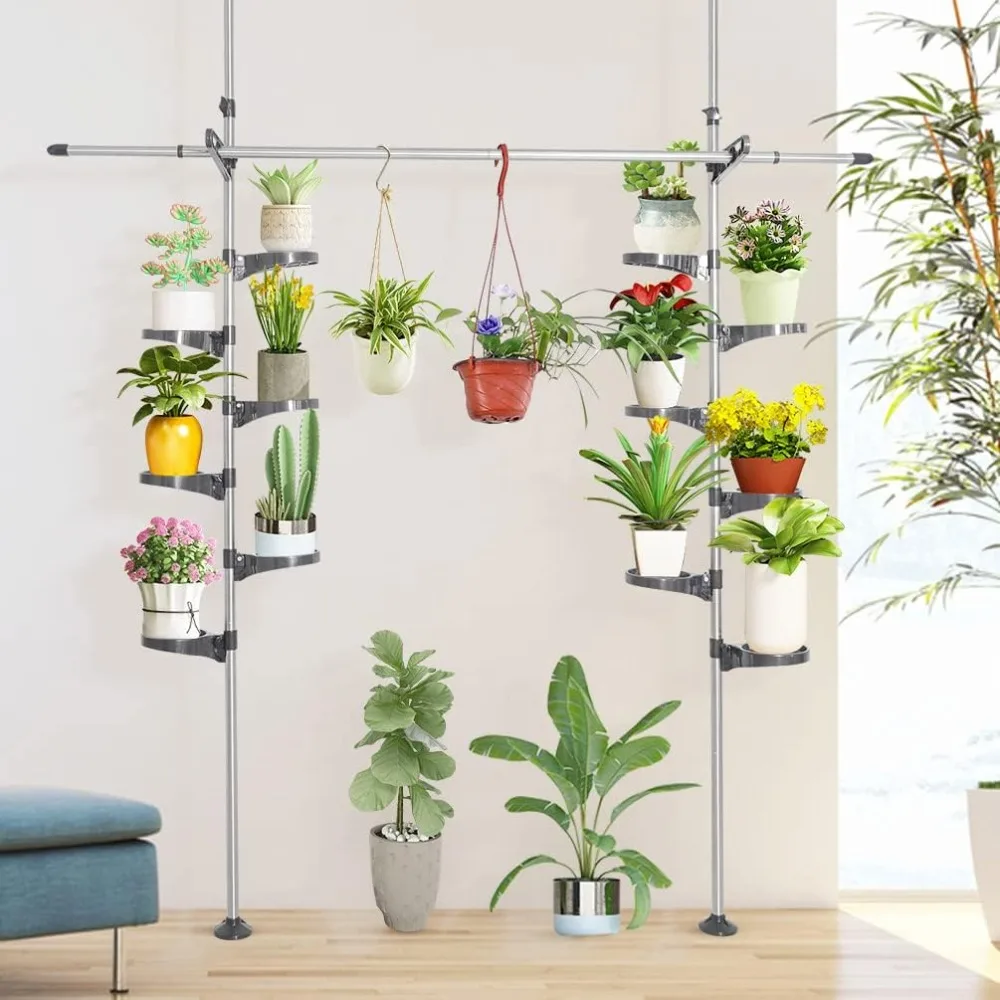 Indoor Plant Pole Stand Double Tension Rods Flower Pot Storage Shelf Holders Floor to Ceiling Display Rack Hanger Freight Free