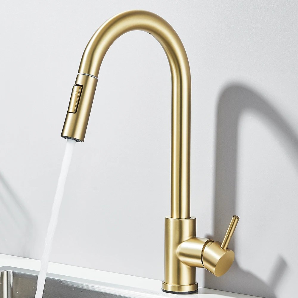 Brushed Gold Kitchen Faucet Pull Out Kitchen Sink Water Tap Single Handle Mixer Tap 360 Rotation Kitchen Shower Faucet