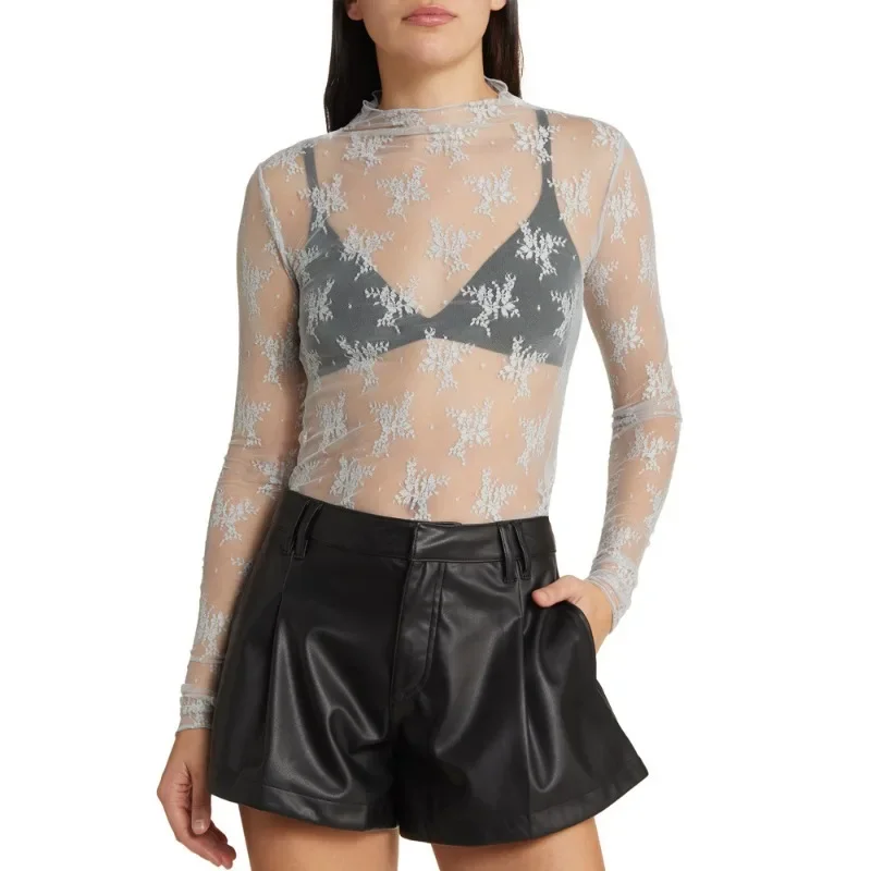 Women's Mesh Transparent Long Sleeved T-shirt Stand Up Collar Lace Shirt Slim Fit Bottom Sexy Spicy Girl Street Outfit YDL08