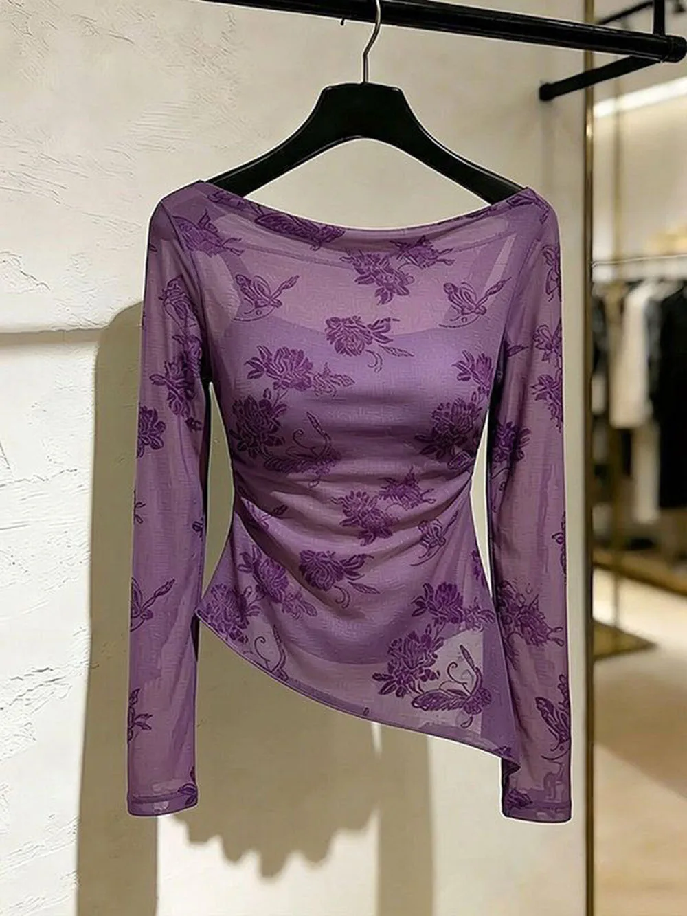 Temperament Perspective Mesh Long Sleeve Top Sunscreen T-shirt Women's Autumn Slim Versatile Floral Embroidered Purple Blouse
