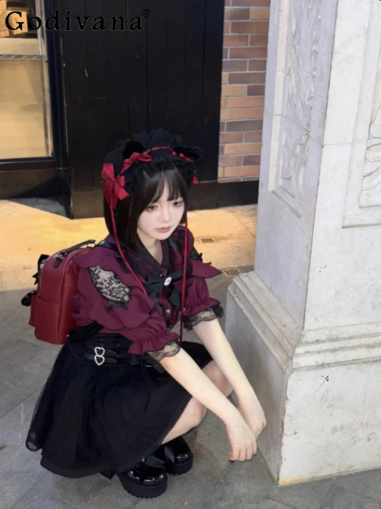 

Summer New Lolita Mine Retro Sweet Lady Shirt Lace Off Shoulder Short Sleeve Half Turtleneck Fashion Versatile Shirt