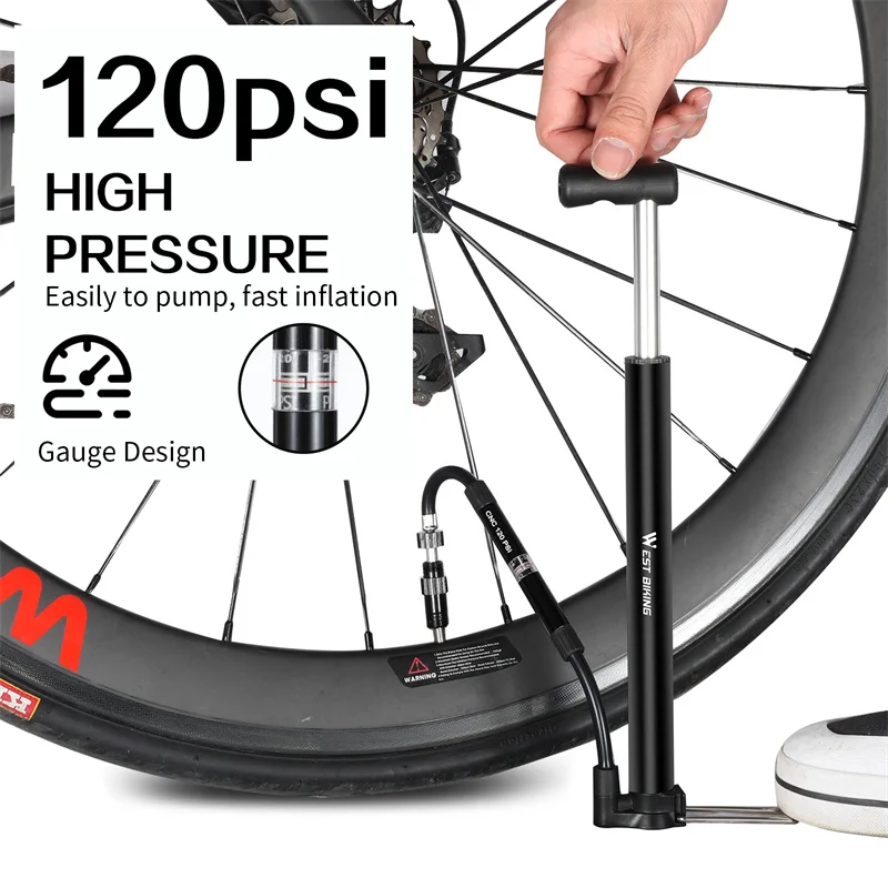 WEST BIKING Mini Bicycle Pump High Pressure 120PSI Aluminum Alloy Pump Schrader Presta Valve Tire Inflator Cycling Accesories