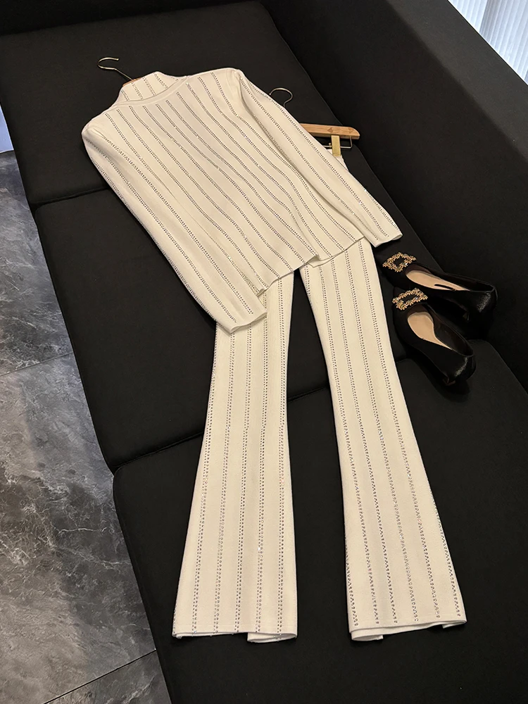  Heavy-Du Sequin Knitted Cardigan Top plus Long Pants Set Autumn Winter New Arrival Women's Faion K28