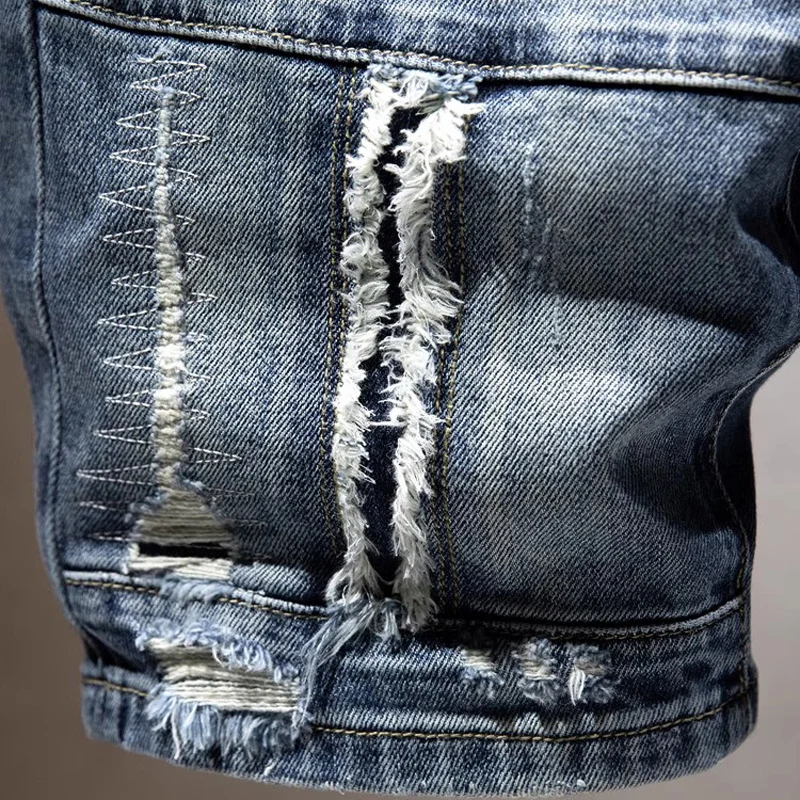 Summer Fashion Designer Men Jeans Retro Blue Stretch Patched Ripped Short Jeans Men Hip Hop Vintage Casual Denim Shorts Hombre