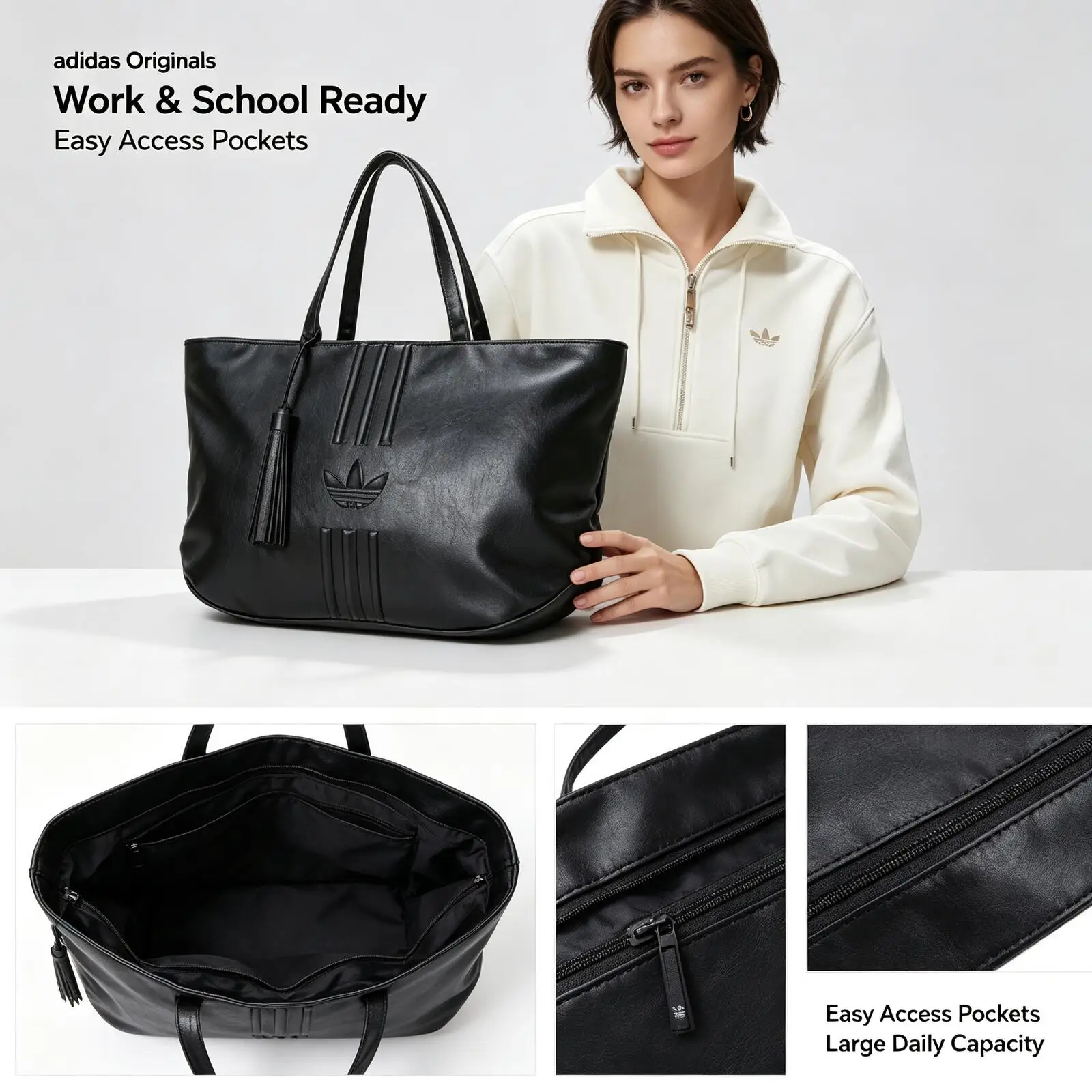 Adidas Originals Women Tote Bag Soft Large Capacity Classic Logo Shoulder Handbag Zipper Closure Work Travel Daily Shopping Bag