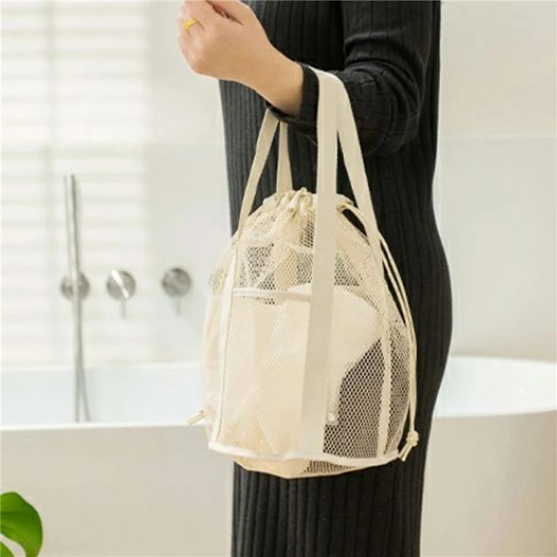 Travel Large Capacity Mesh Nylon Cosmetic Bag Organizer Foldable Casual Mesh Drawstring Bags Rope Bundle Pocket Swim Washing Bag