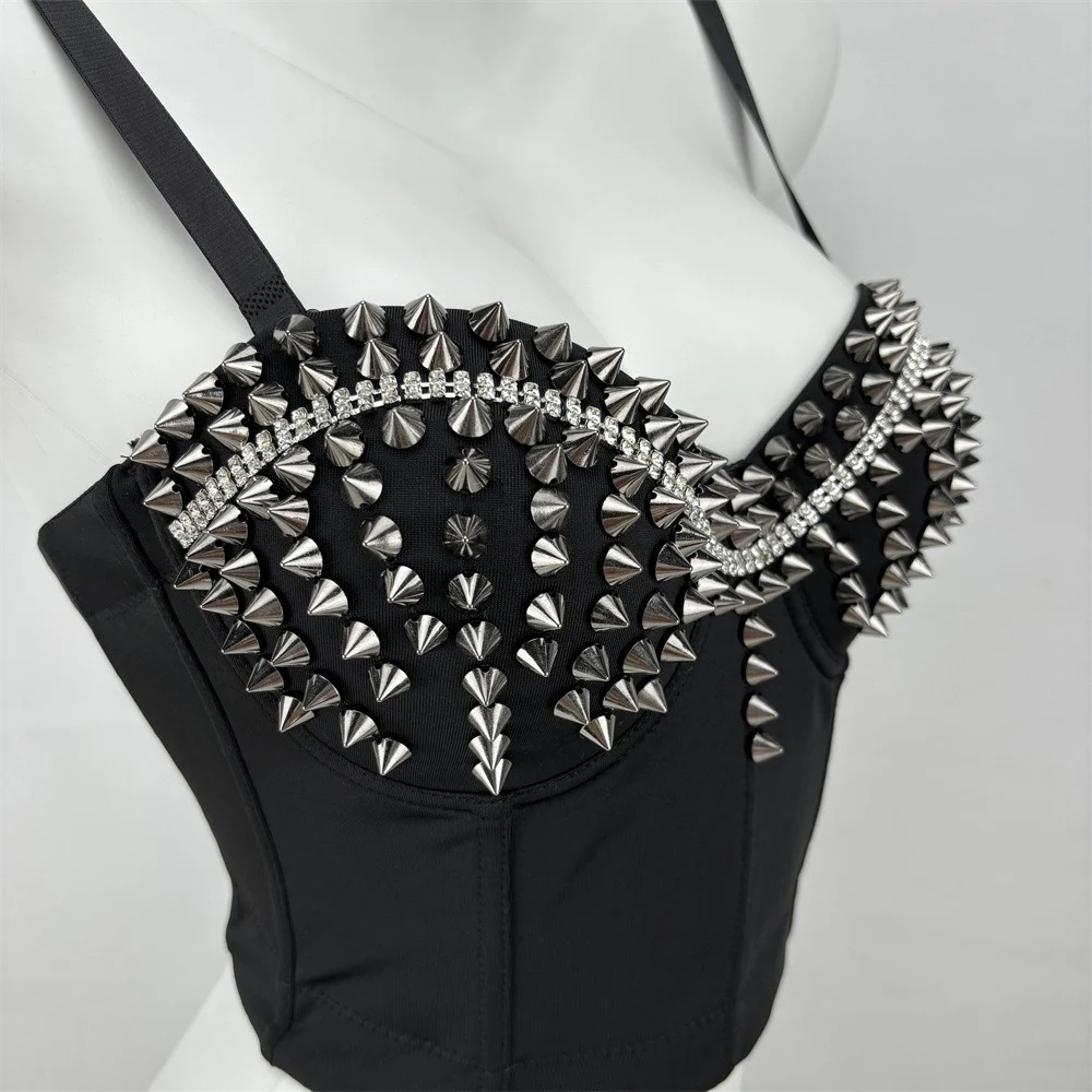 SXTHAENOO 2024 New Tight Short Corset Fashion Y2k Black Rivet Bra Strap Vest Sexy Evening Nightclub Dance Camisole Cropped Top