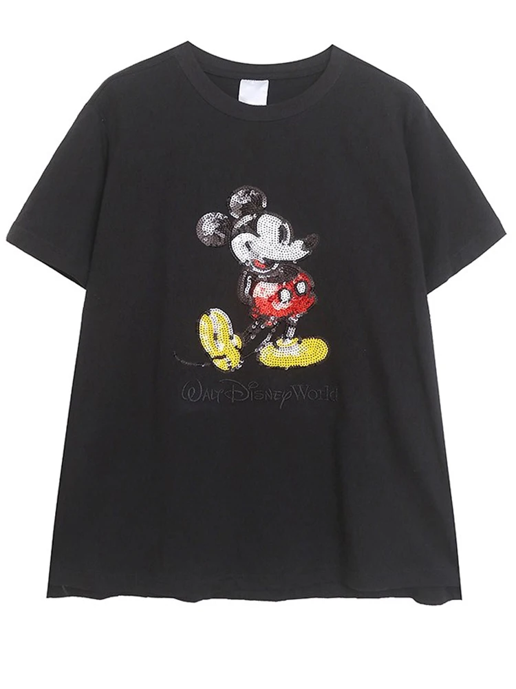

Disneyland Walt Disney World Castle Mickey Mouse Sequined Cartoon Print Black T-Shirt Women Short Sleeve O-Neck Pullover Tee Top
