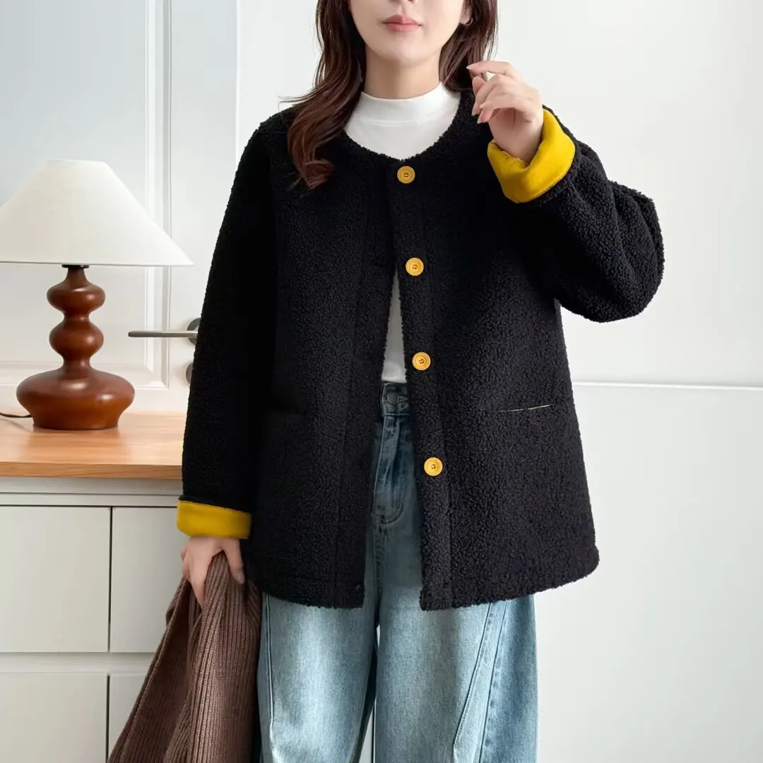 XXXXL Fashion Plus Size Women's Coat 2025 Winter Stylish Casual Color Blocking Fleece Jacket Thickened Cardigan Outerwear 655