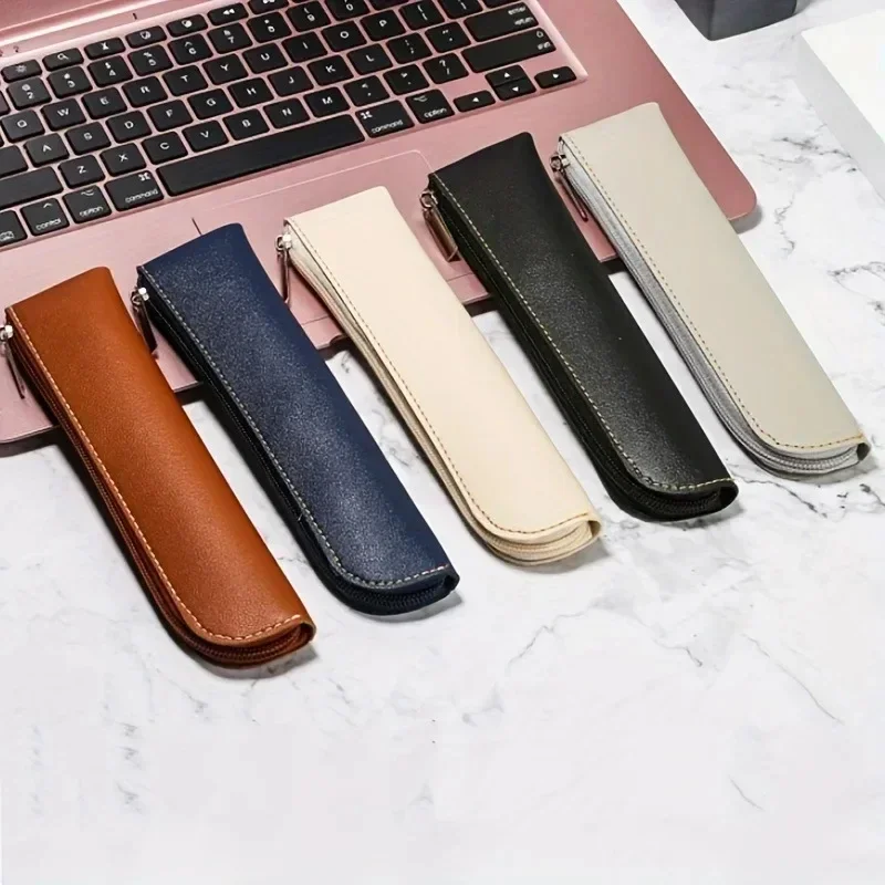Bolsa de lápis de couro com zíper simples, bolsa de armazenamento de caneta tinteiro portátil, estojo para material de escritório escolar