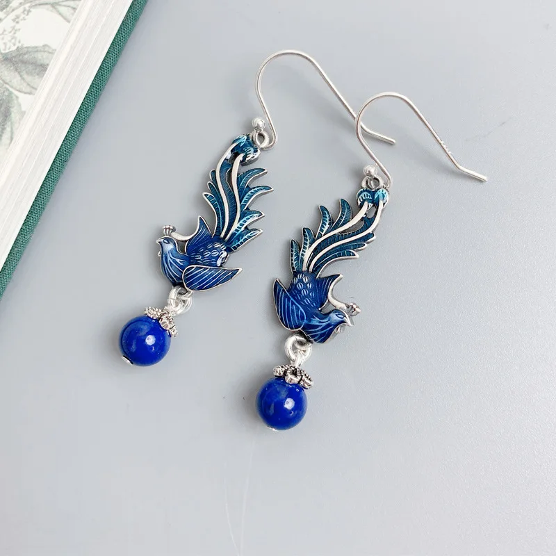 Fashion Chinoiserie Chinese Style Enamel Craft Blue Phoenix Alloy Lazurite Bead Hook Earring for Women Party Hanfu Cheongsam