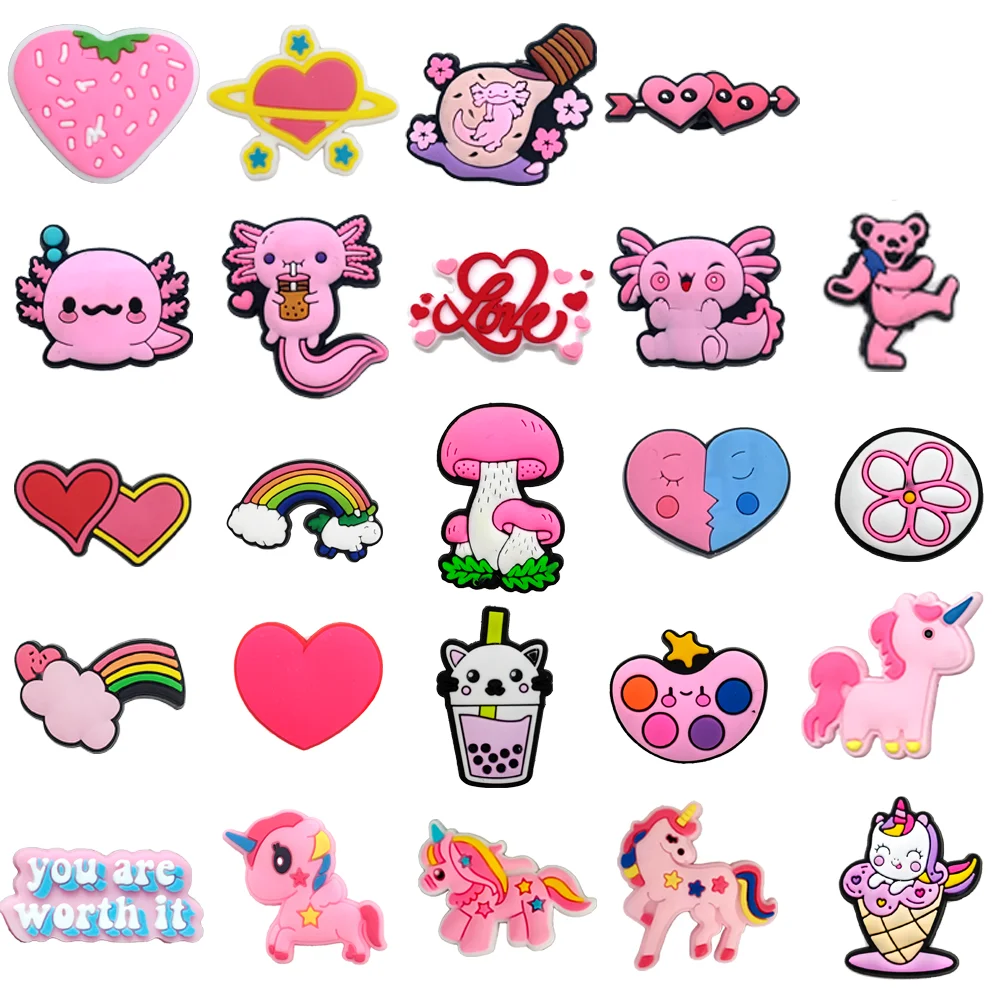1Pcs Rainbow Pink Love Animal Shoe Charms Flower Accessories Children PVC Sandals Buckle Decorations Fit Party Gifts