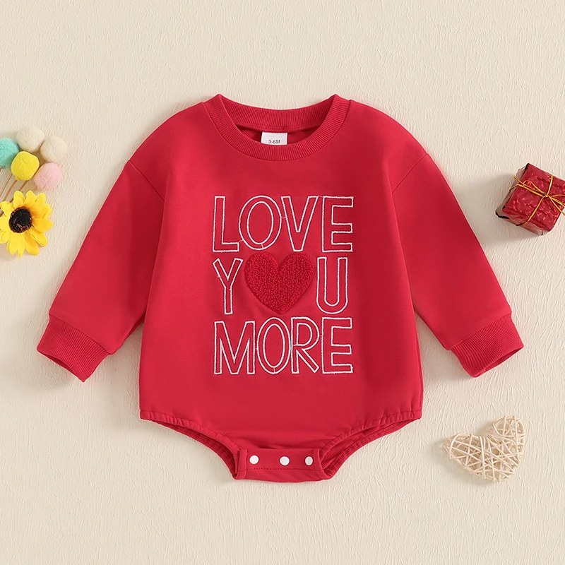 Baby Valentines Day Romper Heart Letter Embroidery Long Sleeve Sweatshirt Jumpsuit for Boys Girls