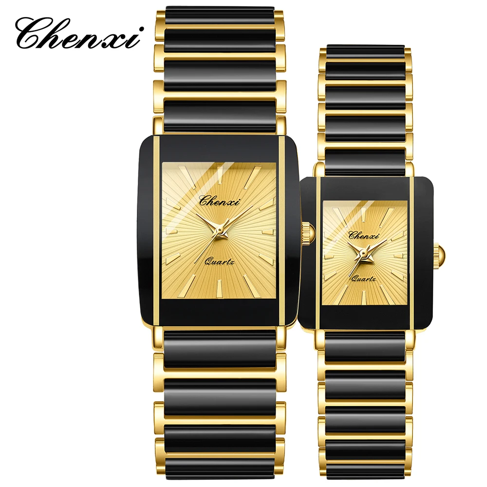 CHENXI Couple Watch Set Black Gold Square Quartz Elegant Wristwatch for Men Women Fashion Ceramic watches Gift