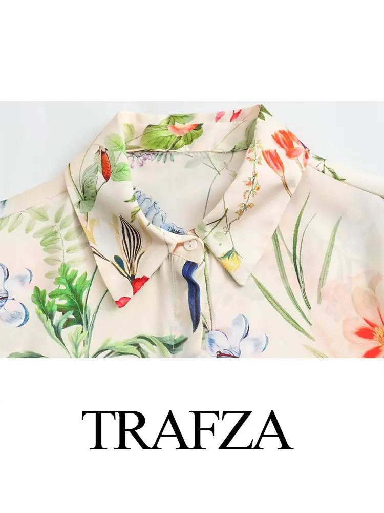 TRAFZA 2024 Women’s Floral Print Shirt Long Sleeves Lapel Female Single-Breasted Blouse Wild Casual Beach Style Woman Shirts Top