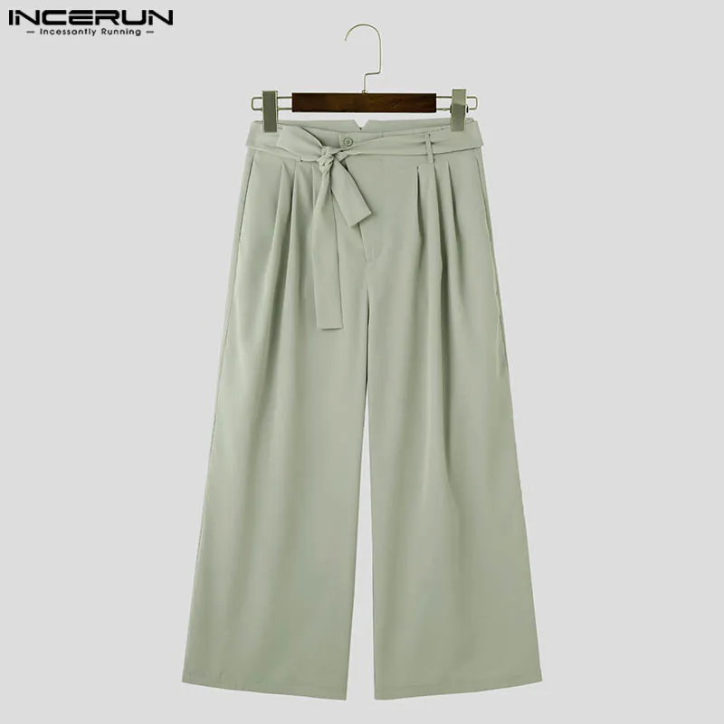 INCERUN Men Pants Solid Color Button Joggers Loose Casual Wide Leg Straight Trousers Men With Belt Streetwear 2024 Lace Up Pants