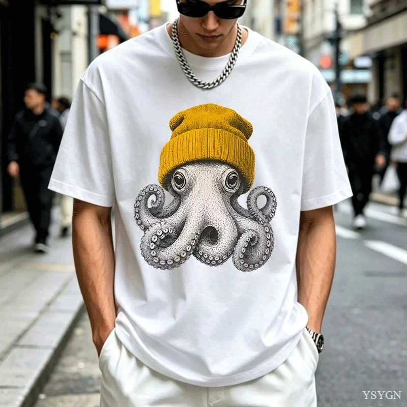 Cute Octopus Beanie T Shirt Ocean Animal T-Shirt Vintage Octopus Tees Casual Round Neck Printed Cotton Short Sleeve Tshirts Tops