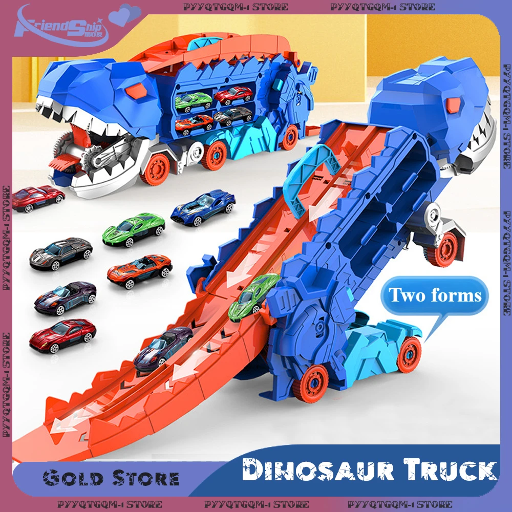 Toys for Boys Transport Dinosaur Truck with Foldable Sliding Race Track Toy Car Standing T-rex Model Car Toys Birthday Gifts