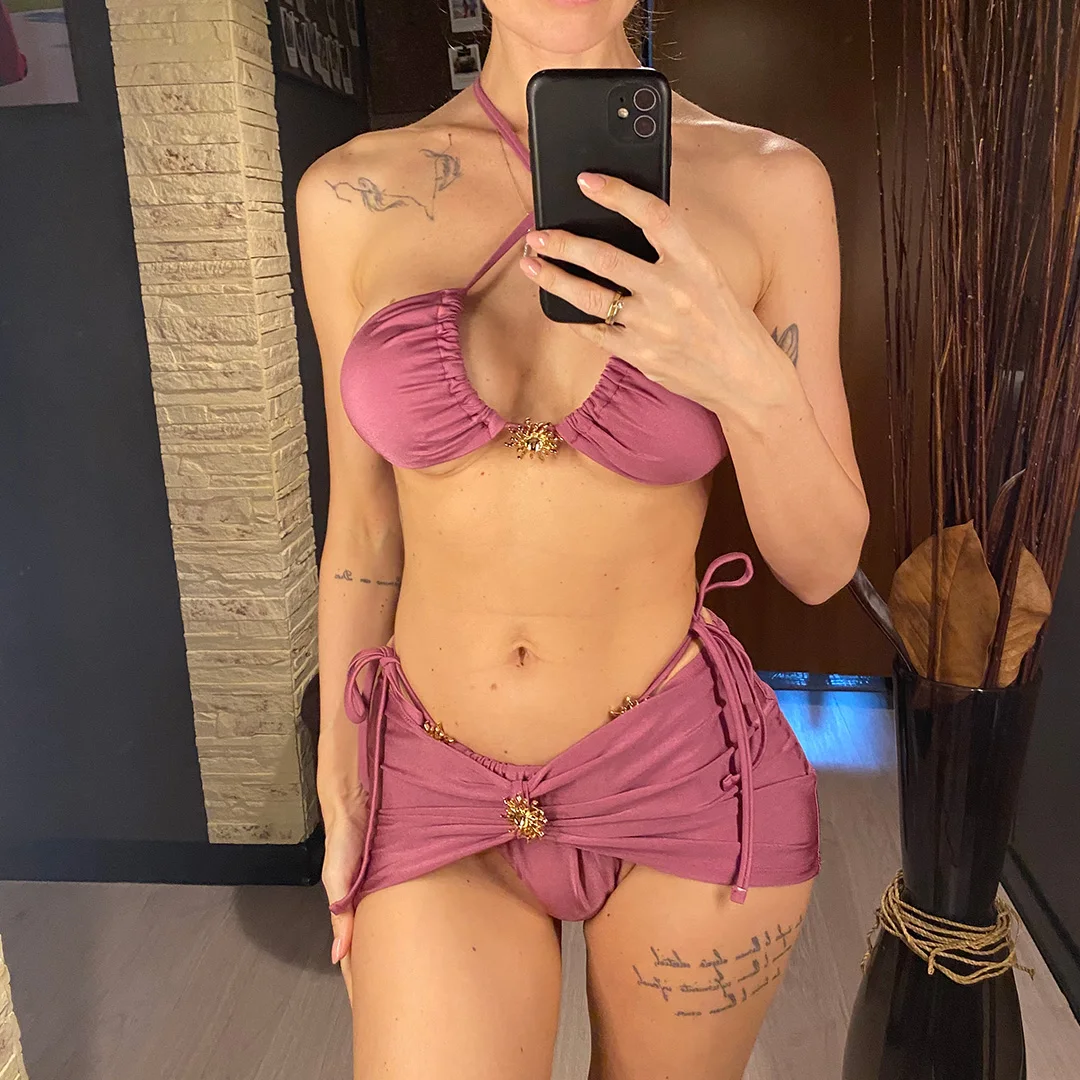 Neuer schwarzer, sexy Bikini mit Rock, Neckholder-Bikini, Damen-Badeanzug, dreiteiliges Bikini-Set, Badebekleidung, Badeanzug, Schwimmbekleidung V6398B – Detail 2