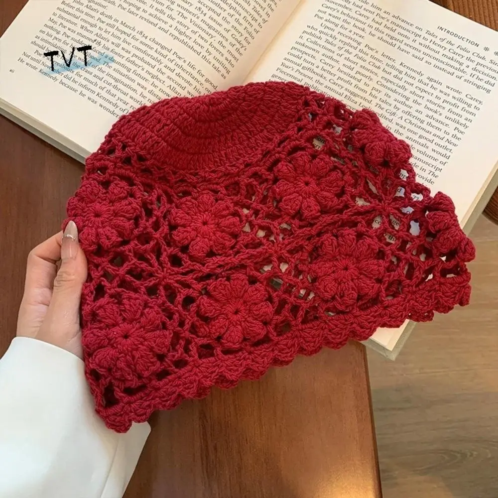 

Ins Handmade Crochet Flower Hat Weave Y2k Knit Basin Caps Hollow Sweet Beanies Cap Streetwear