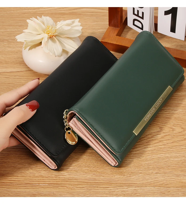 Damen Lange PU-Geldbörse 2-fach Faltbar Einfarbige Clutch mit Mehreren Kartenfächern Große Kapazität Reißverschluss-Geldbörse Koreanischer Stil Damen-Handgeldbörse – Detail 18