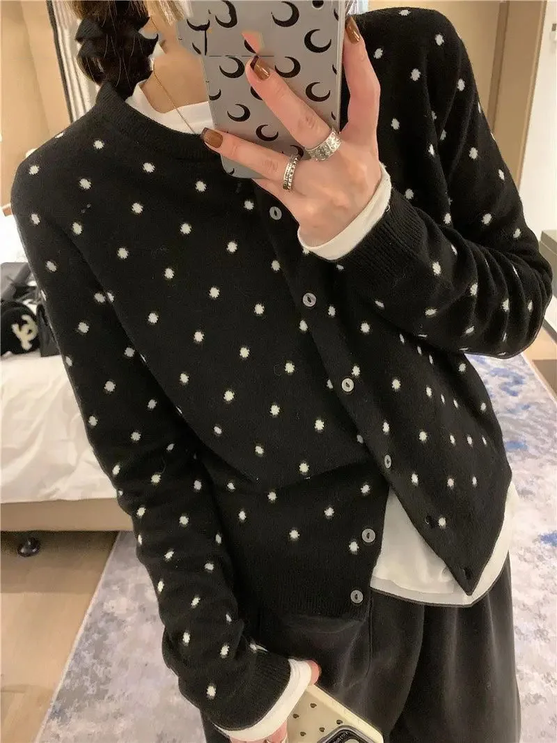 Korean Fashion New Knitted Women Tops Cardigan Polka Dot O Neck Long Sleeve All Match Knitting Outwear Cardigans Female Clothing