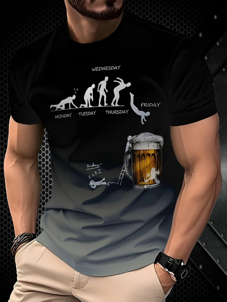 

Beer Evolution Graphic- Humorous Monday to Friday Human Evolution Design-100% cotton O-neck casual printed T-shirt.