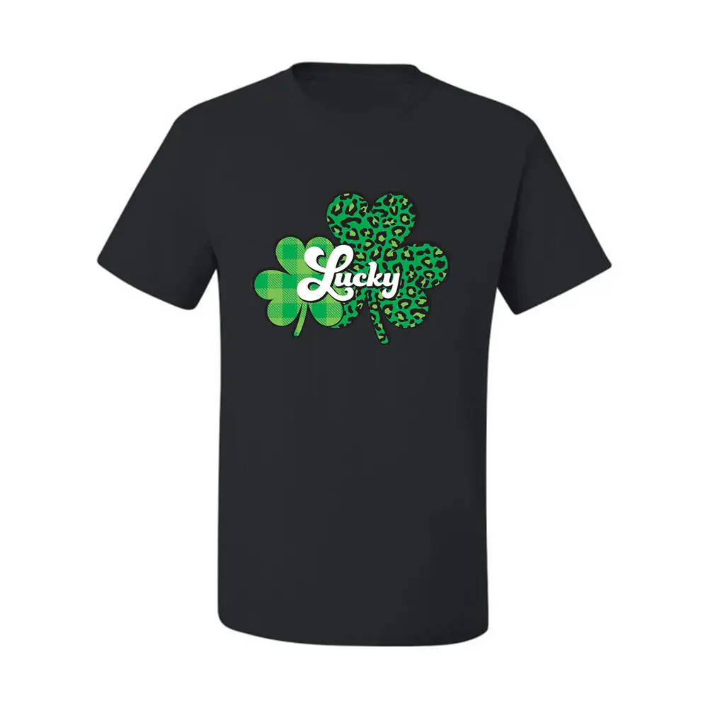 Lucky Shamrocks Plaid and Cheetah Pattern St Patricks Day Men Graphic Tshirt Anime  T-shirts for  Clothing Women Tees