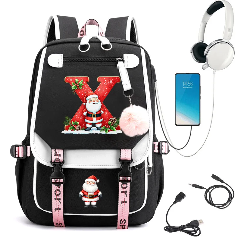 Santa Claus Print 26 Letter A-Z Backpack for Girls Boys Schoolbag Fashion Xmas Holiday Casual Travel Laptop Backpack School Bag
